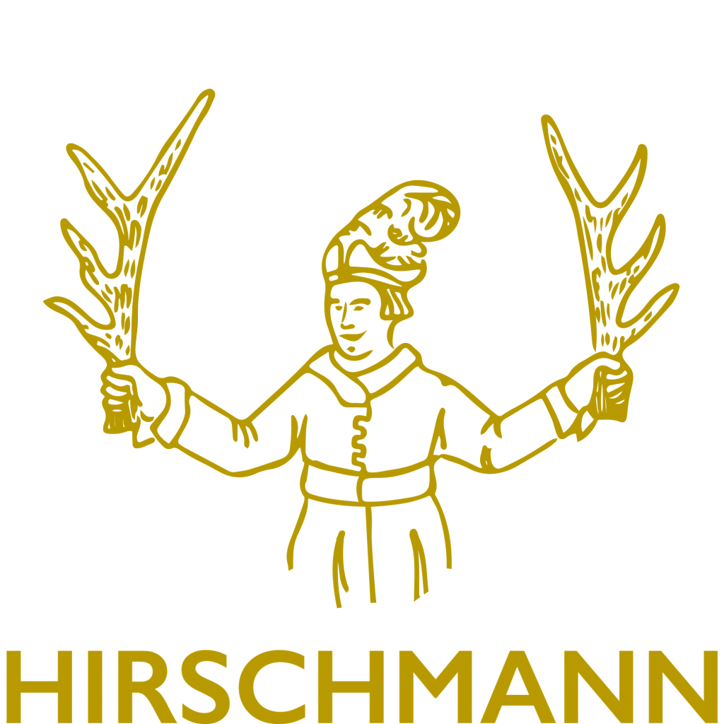 Das goldene Logo des Weinguts Hirschmann zeigt einen Mann mit jeweils einem Geweih in den Händen.