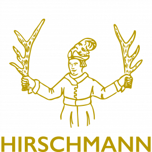 Das goldene Logo des Weinguts Hirschmann zeigt einen Mann mit jeweils einem Geweih in den Händen.